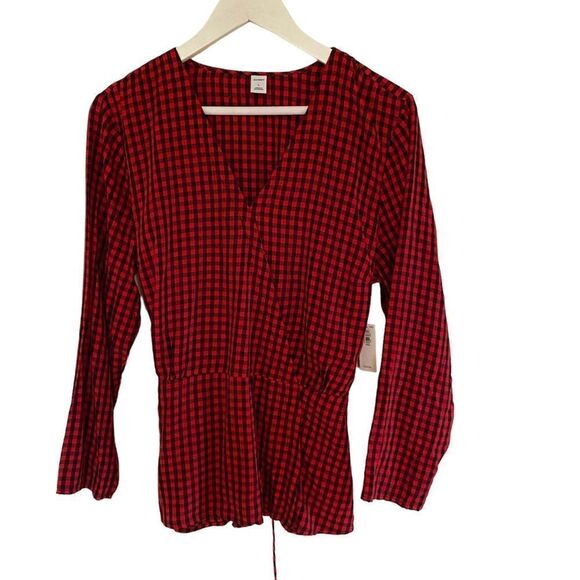 Old Navy New Large faux wrap tie in back peplum red black checkered - Picture 1 of 8